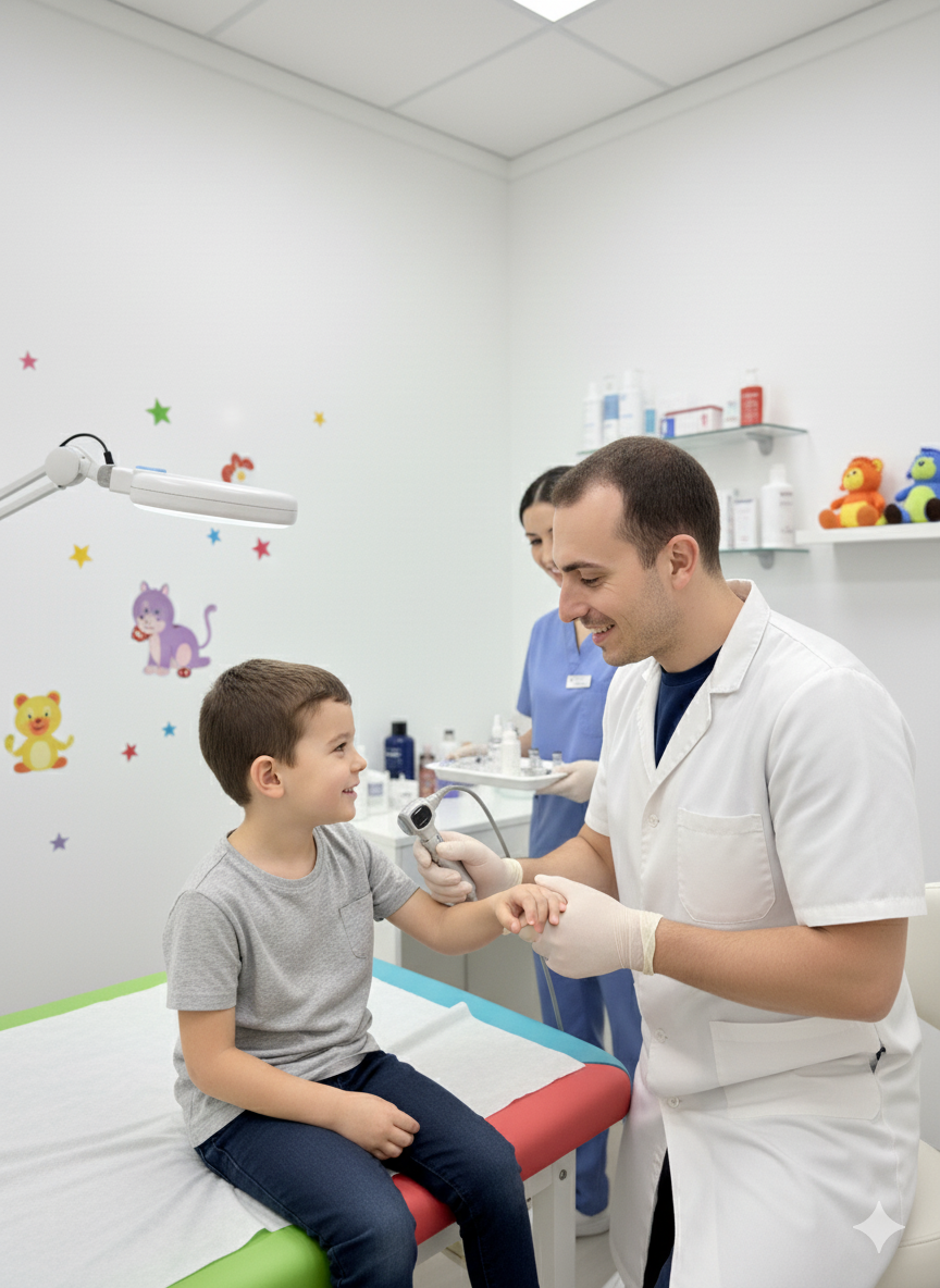 Nuestro doctor tratando a un niño con dermatología pediátrica en Pamplona
