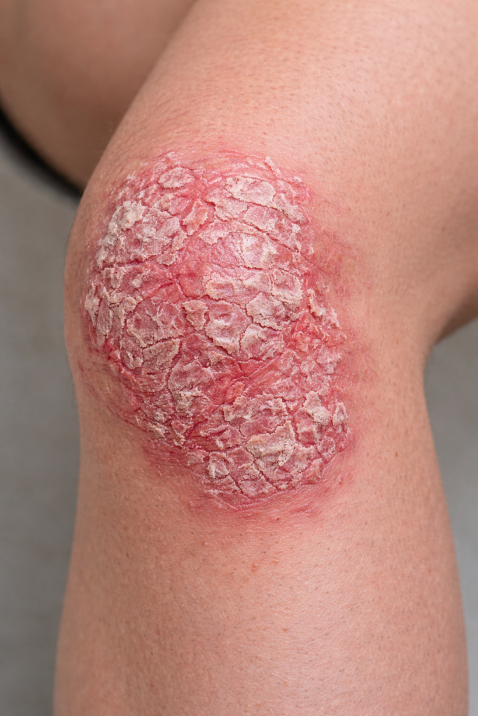 Rodilla con psoriasis en placas